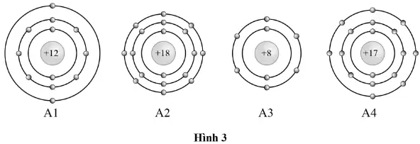 Quan sát mô hình cấu tạo của bốn nguyên tử thuộc bốn nguyên tố có kí hiệu lần lượt là A1, A2, A3, A4 dưới đây: