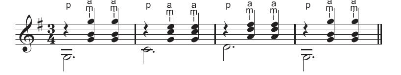 c) Thực hành đệm tiết điệu Waltz với các hợp âm ba chính của giọng Son trưởng